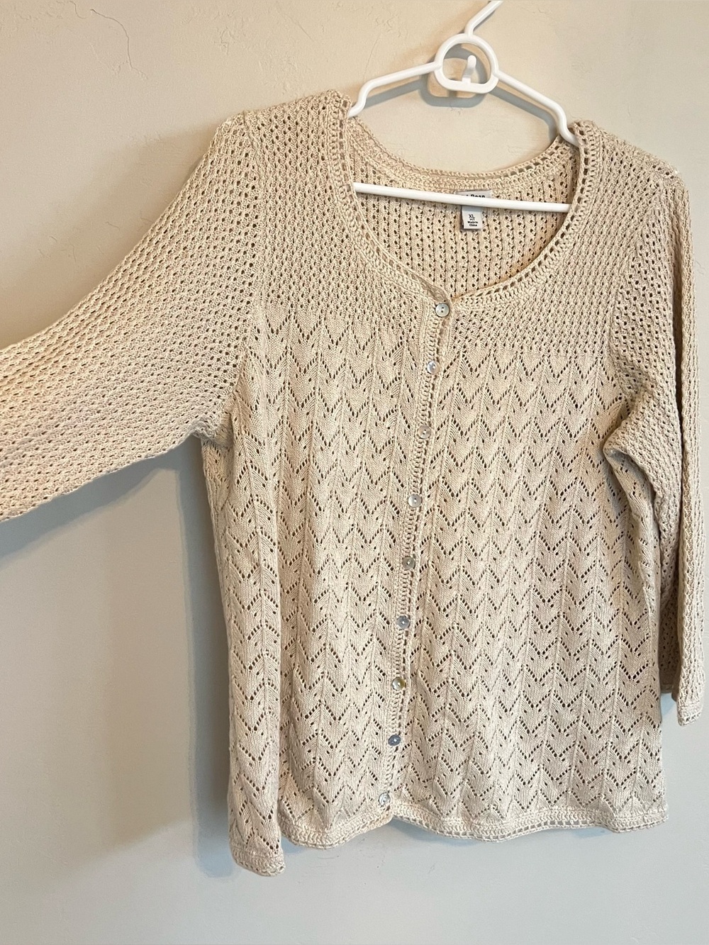 L.L.Bean Cottage Core Natural XL Coastal Crochet Knit Linen Cotton Cardigan